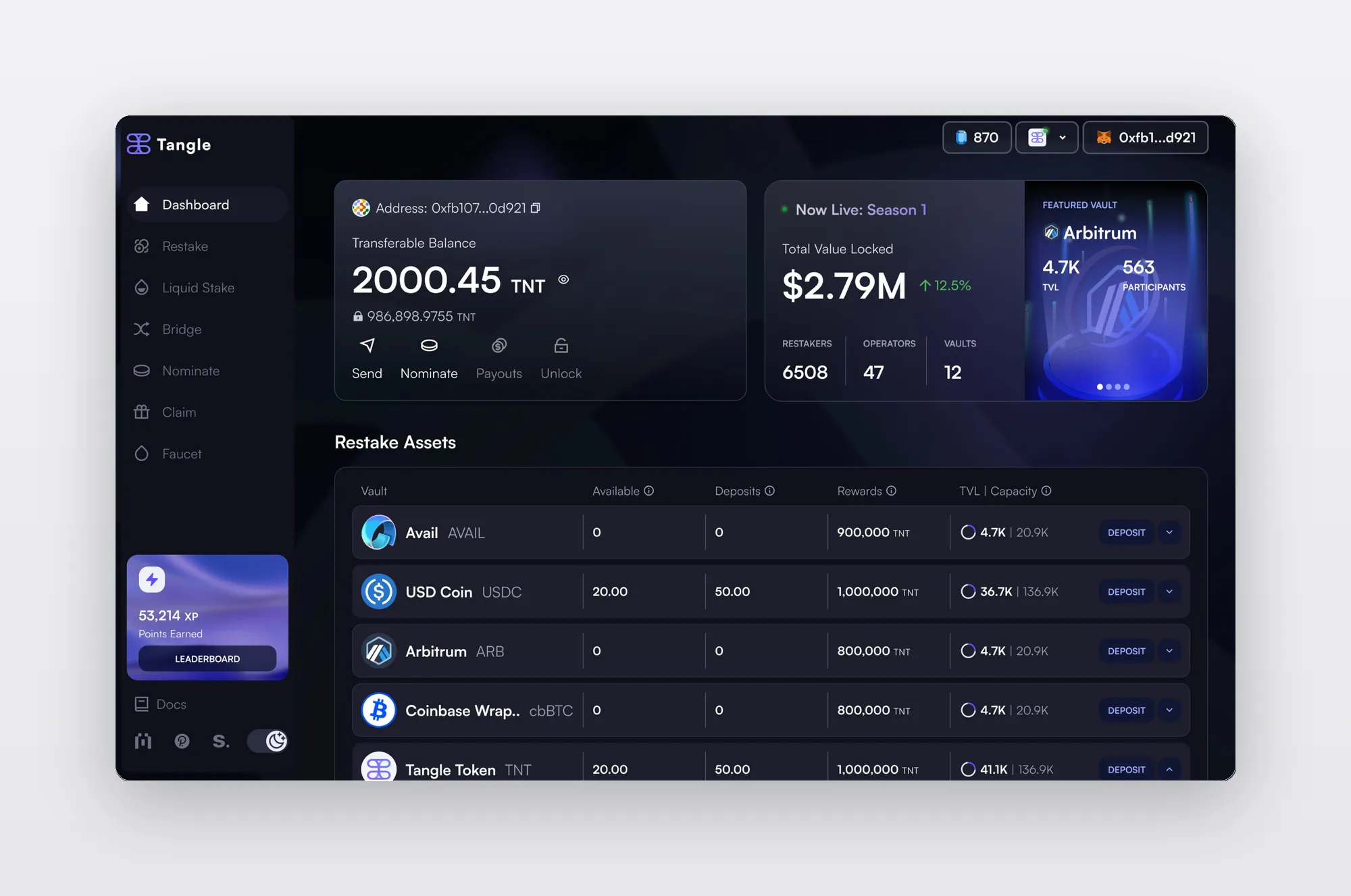 Tangle Restaking Dashboard — main dashboard with balance, TVL, featured vault, and restake assets table