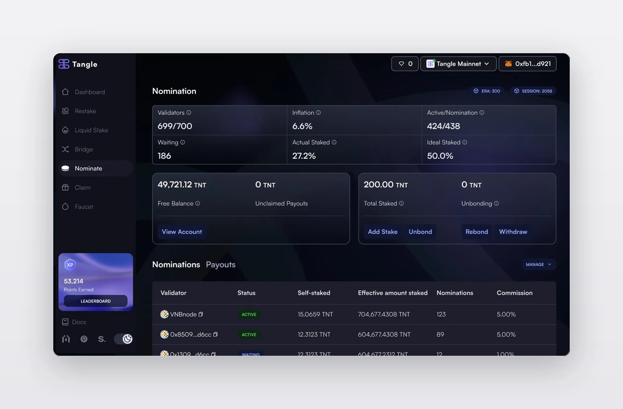 Tangle Restaking Dashboard — nomination view with validator stats, staking balances, and nomination table