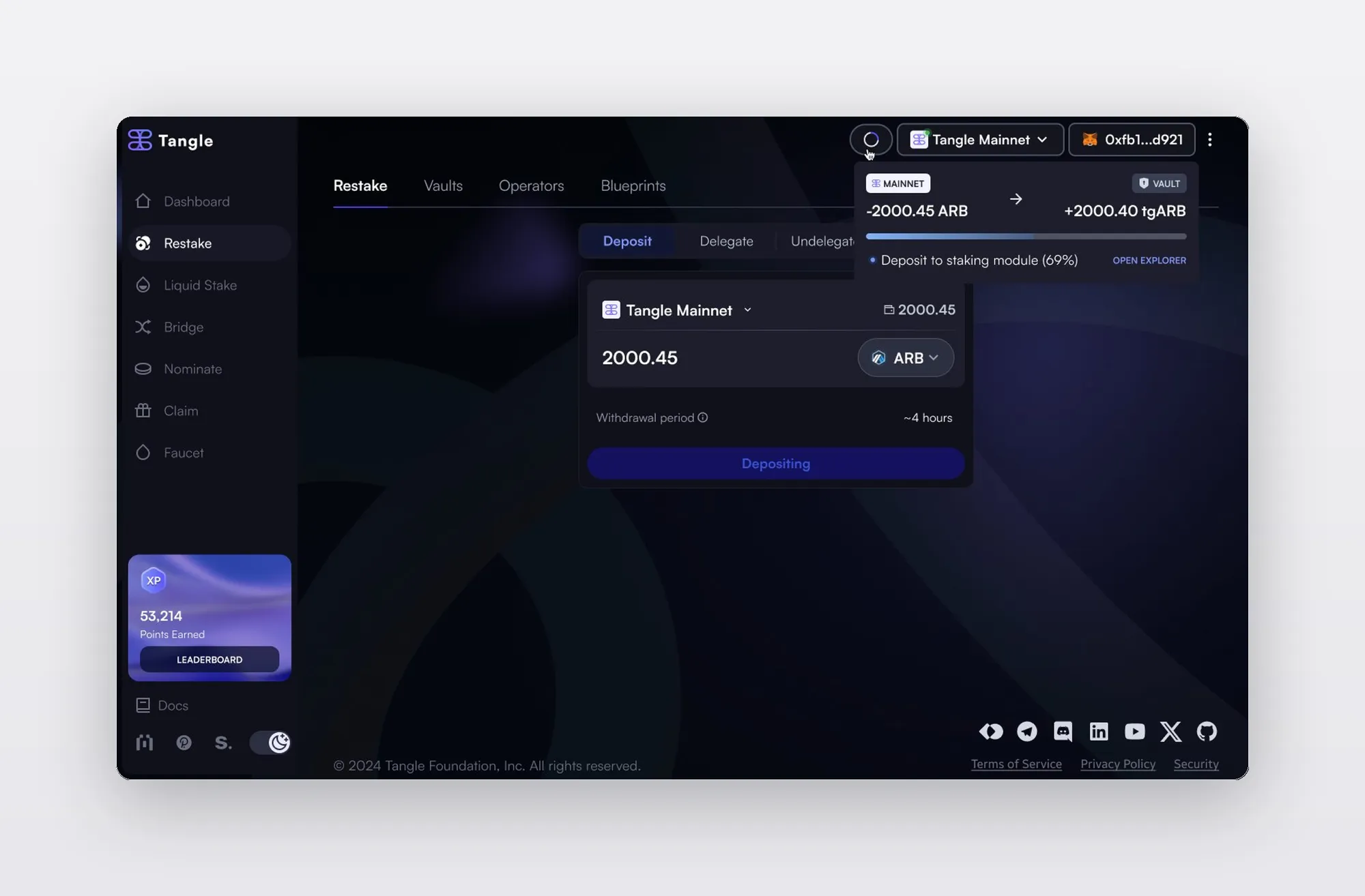 Tangle Restaking Dashboard — restake deposit flow with transaction progress and vault confirmation