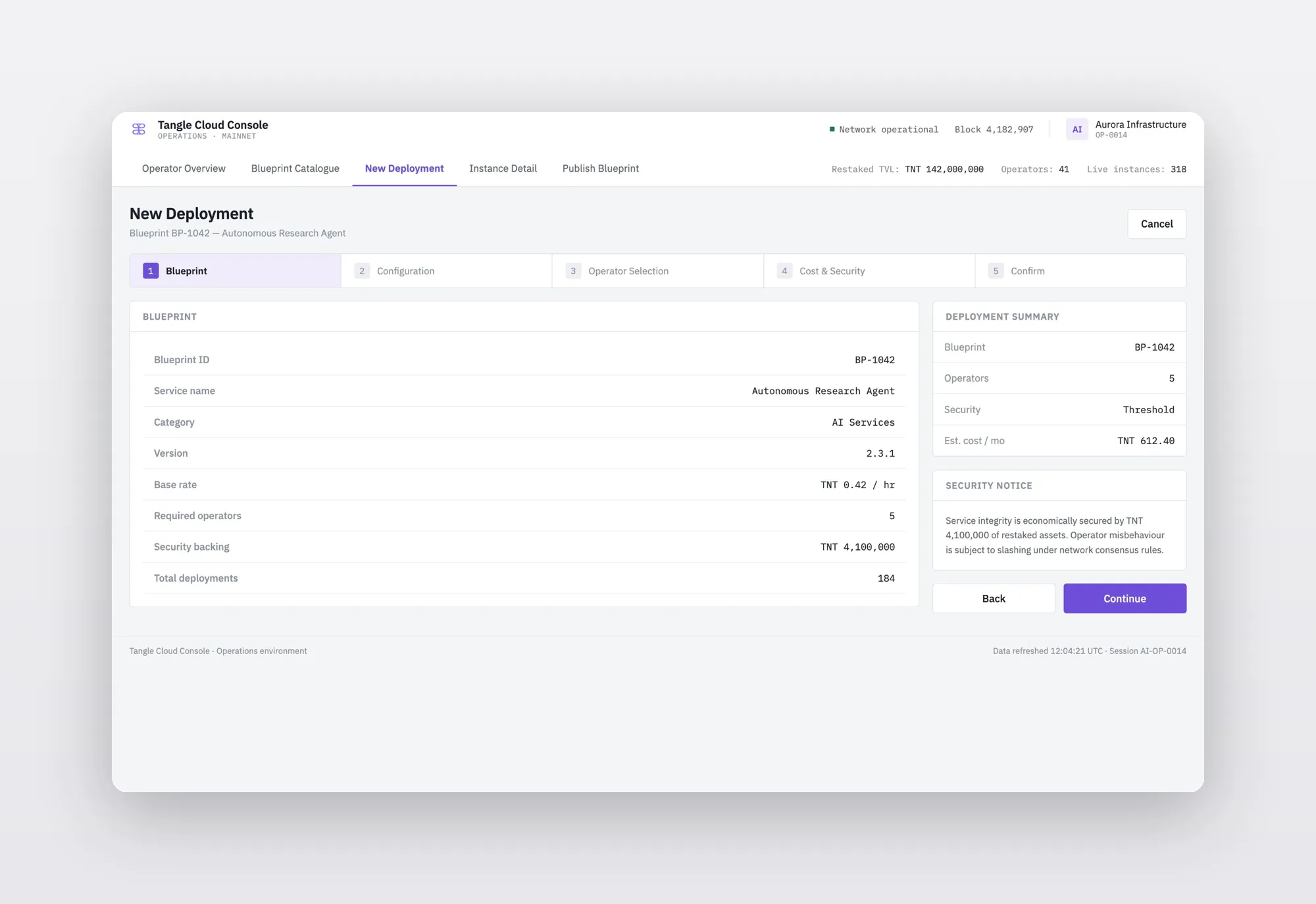 Tangle Cloud Console — New Deployment wizard step 1, Blueprint selection with service details and deployment summary