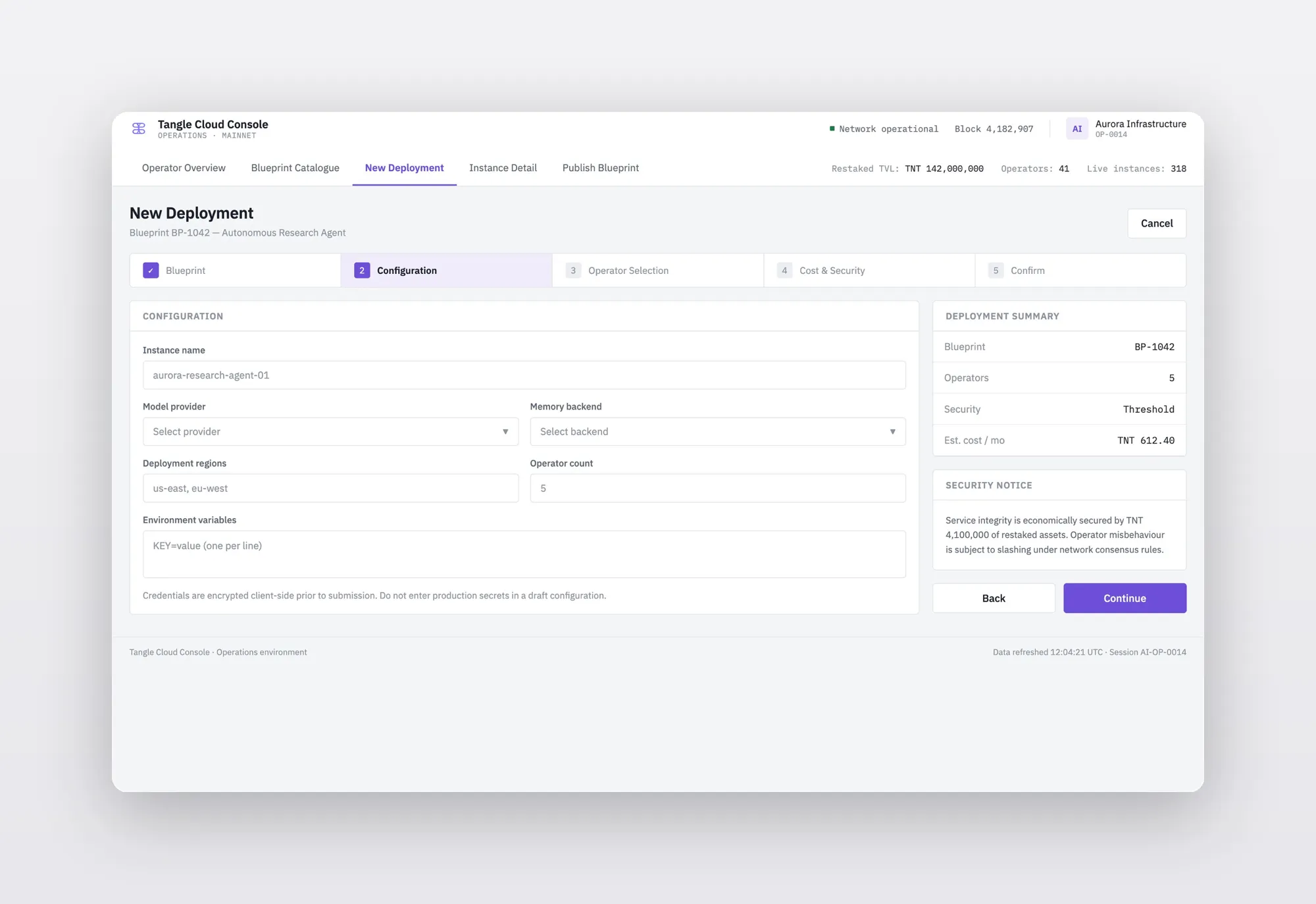Tangle Cloud Console — New Deployment multi-step wizard with configuration form and deployment summary